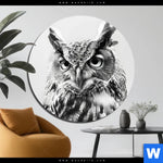 Aluminiumbild Gebürstet Schwarz Weiss Eulenportrait Rund Produktvorschau mit dem Bild Schwarz-Weiß Eulenportrait im Format Rund.