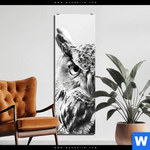 Aluminiumbild Gebürstet Schwarz Weiss Eulenportrait Schmal Produktvorschau mit dem Bild Schwarz-Weiß Eulenportrait im Format Schmal.