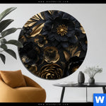 Aluminiumbild Gebürstet Schwarze Und Goldene Blueten Rund Produktvorschau mit dem Bild Schwarze und goldene Blüten im Format Rund.