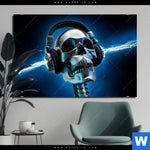 Aluminiumbild Gebürstet Skelett Kopfhoerer Querformat Produktvorschau mit dem Bild Skelett & Kopfhörer im Format Querformat.