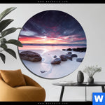 Aluminiumbild Gebürstet Sonnenaufgang Am Strand Mit Felsen Rund Produktvorschau mit dem Bild Sonnenaufgang am Strand mit Felsen im Format Rund.