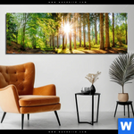 Aluminiumbild Gebürstet Sonniger Wald Panorama Produktvorschau mit dem Bild Sonniger Wald im Format Panorama.