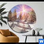 Aluminiumbild Gebürstet Verschneiter Wald Rund Produktvorschau mit dem Bild Verschneiter Wald im Format Rund.