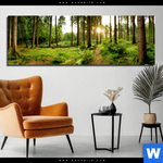 Aluminiumbild Gebürstet Wald Mit Sonnenstrahlen No 2 Panorama Produktvorschau mit dem Bild Wald mit Sonnenstrahlen No.2 im Format Panorama.