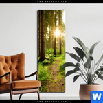 Aluminiumbild Gebürstet Wald Mit Sonnenstrahlen No 2 Schmal Produktvorschau mit dem Bild Wald mit Sonnenstrahlen No.2 im Format Schmal.