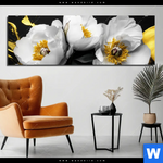 Aluminiumbild Gebürstet Weisse Blumen Mit Gold Panorama Produktvorschau mit dem Bild Weiße Blumen mit Gold im Format Panorama.