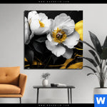 Aluminiumbild Gebürstet Weisse Blumen Mit Gold Quadrat Produktvorschau mit dem Bild Weiße Blumen mit Gold im Format Quadrat.