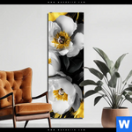 Aluminiumbild Gebürstet Weisse Blumen Mit Gold Schmal Produktvorschau mit dem Bild Weiße Blumen mit Gold im Format Schmal.