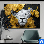 Aluminiumbild Gebürstet Weisse Loewin Mit Goldblueten Querformat Produktvorschau mit dem Bild Weiße Löwin mit Goldblüten im Format Querformat.
