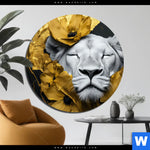 Aluminiumbild Gebürstet Weisse Loewin Mit Goldblueten Rund Produktvorschau mit dem Bild Weiße Löwin mit Goldblüten im Format Rund.