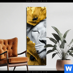 Aluminiumbild Gebürstet Weisse Loewin Mit Goldblueten Schmal Produktvorschau mit dem Bild Weiße Löwin mit Goldblüten im Format Schmal.