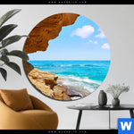 Aluminiumbild Gebürstet Wellenrauschen Und Felsenklippe Rund Produktvorschau mit dem Bild Wellenrauschen und Felsenklippe im Format Rund.