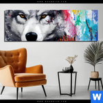 Aluminiumbild Gebürstet Wolf Mit Bunten Farbspritzern Panorama Produktvorschau mit dem Bild Wolf mit bunten Farbspritzern im Format Panorama.