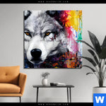 Aluminiumbild Gebürstet Wolf Mit Bunten Farbspritzern Quadrat Produktvorschau mit dem Bild Wolf mit bunten Farbspritzern im Format Quadrat.