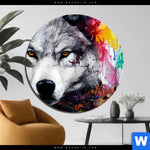 Aluminiumbild Gebürstet Wolf Mit Bunten Farbspritzern Rund Produktvorschau mit dem Bild Wolf mit bunten Farbspritzern im Format Rund.