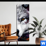 Aluminiumbild Gebürstet Wolf Mit Bunten Farbspritzern Schmal Produktvorschau mit dem Bild Wolf mit bunten Farbspritzern im Format Schmal.