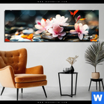 Aluminiumbild Gebürstet Zen Steine Mit Blumen Panorama Produktvorschau mit dem Bild Zen Steine mit Blumen im Format Panorama.