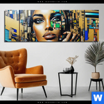 Aluminiumbild Gebürstet Zoe Mosaikgesicht Im Grossstadtlicht Panorama Produktvorschau mit dem Bild Zoe - Mosaikgesicht im Großstadtlicht im Format Panorama.