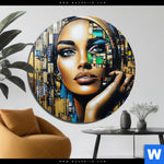 Aluminiumbild Gebürstet Zoe Mosaikgesicht Im Grossstadtlicht Rund Produktvorschau mit dem Bild Zoe - Mosaikgesicht im Großstadtlicht im Format Rund.