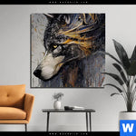 Bild Edelstahloptik Abstrakter Wolf In Gold Und Grau Quadrat Produktvorschau mit dem Bild Abstrakter Wolf in Gold und Grau im Format Quadrat.