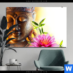 Bild Edelstahloptik Buddha Kopf Seerose Querformat Produktvorschau mit dem Bild Buddha Kopf & Seerose im Format Querformat.