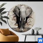 Bild Edelstahloptik Elefant Bricht Durch Mauer Rund Produktvorschau mit dem Bild Elefant bricht durch Mauer im Format Rund.