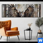 Bild Edelstahloptik Eule Im Birkenwald Panorama Produktvorschau mit dem Bild Eule im Birkenwald im Format Panorama.