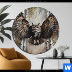 Bild Edelstahloptik Eule Im Birkenwald Rund Produktvorschau mit dem Bild Eule im Birkenwald im Format Rund.