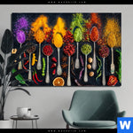 Bild Edelstahloptik Exotische Gewuerze Auf Loeffeln Querformat Produktvorschau mit dem Bild Exotische Gewürze auf Löffeln im Format Querformat.