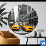 Bild Edelstahloptik Gelbe Taxis New York Rund Produktvorschau mit dem Bild Gelbe Taxis New York im Format Rund.
