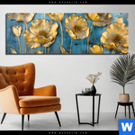 Bild Edelstahloptik Goldene Blumen Auf Blau Panorama Produktvorschau mit dem Bild Goldene Blumen auf Blau im Format Panorama.
