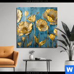 Bild Edelstahloptik Goldene Blumen Auf Blau Quadrat Produktvorschau mit dem Bild Goldene Blumen auf Blau im Format Quadrat.