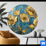 Bild Edelstahloptik Goldene Blumen Auf Blau Rund Produktvorschau mit dem Bild Goldene Blumen auf Blau im Format Rund.