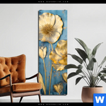 Bild Edelstahloptik Goldene Blumen Auf Blau Schmal Produktvorschau mit dem Bild Goldene Blumen auf Blau im Format Schmal.