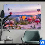 Bild Edelstahloptik Heissluftballons Im Sonnenuntergang Querformat Produktvorschau mit dem Bild Heißluftballons im Sonnenuntergang im Format Querformat.