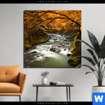 Bild Edelstahloptik Herbstlandschaft Am Fluss Quadrat Produktvorschau mit dem Bild Herbstlandschaft am Fluss im Format Quadrat.