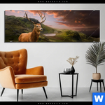 Bild Edelstahloptik Hirsch In Gebirgslandschaft Panorama Produktvorschau mit dem Bild Hirsch in Gebirgslandschaft im Format Panorama.