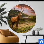 Bild Edelstahloptik Hirsch In Gebirgslandschaft Rund Produktvorschau mit dem Bild Hirsch in Gebirgslandschaft im Format Rund.