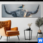 Bild Edelstahloptik Hochlandrind Bunter Vogel Panorama Produktvorschau mit dem Bild Hochlandrind & bunter Vogel im Format Panorama.