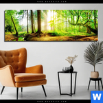 Bild Edelstahloptik Idyllischer Wald Bei Sonnenaufgang Panorama Produktvorschau mit dem Bild Idyllischer Wald bei Sonnenaufgang im Format Panorama.