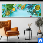 Bild Edelstahloptik Kraeuter Auf Blauem Holztisch Panorama Produktvorschau mit dem Bild Kräuter auf blauem Holztisch im Format Panorama.