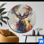 Bild Edelstahloptik Kreativer Hirsch Mit Farbspritzern Rund Produktvorschau mit dem Bild Kreativer Hirsch mit Farbspritzern im Format Rund.