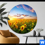 Bild Edelstahloptik Leuchtend Gelbe Sonnenblumen Am Abend Rund Produktvorschau mit dem Bild Leuchtend gelbe Sonnenblumen am Abend im Format Rund.