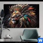 Bild Edelstahloptik Loewenkopf Mit Bunten Federn Querformat Produktvorschau mit dem Bild Löwenkopf mit bunten Federn im Format Querformat.