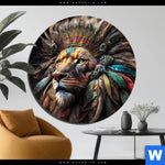 Bild Edelstahloptik Loewenkopf Mit Bunten Federn Rund Produktvorschau mit dem Bild Löwenkopf mit bunten Federn im Format Rund.