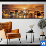 Bild Edelstahloptik Manhatten Bei Sonnenuntergang Panorama Produktvorschau mit dem Bild Manhatten bei Sonnenuntergang im Format Panorama.