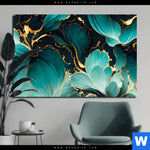 Bild Edelstahloptik Marmor Blueten In Tuerkis Gold Querformat Produktvorschau mit dem Bild Marmor Blüten in türkis & gold im Format Querformat.