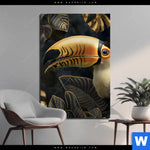 Bild Edelstahloptik Monstera Und Tukan Gold Hochformat Produktvorschau mit dem Bild Monstera und Tukan Gold im Format Hochformat.