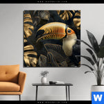 Bild Edelstahloptik Monstera Und Tukan Gold Quadrat Produktvorschau mit dem Bild Monstera und Tukan Gold im Format Quadrat.