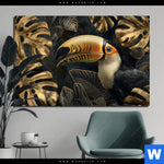 Bild Edelstahloptik Monstera Und Tukan Gold Querformat Produktvorschau mit dem Bild Monstera und Tukan Gold im Format Querformat.